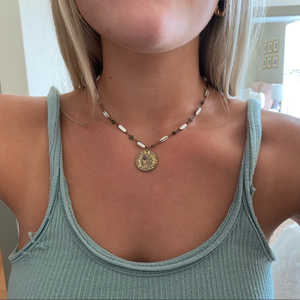 White beaded coin necklace
